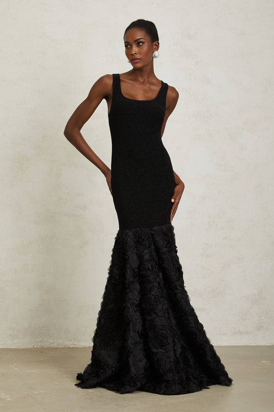 Flaminia Black Maxi Dress 3D Petal Detailing Tulle Paneling Nylon Lurex Spandex Scoop Neck Mermaid Hem Metallic Threading