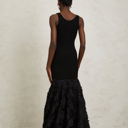Flaminia Black Maxi Dress 3D Petal Detailing Tulle Paneling Nylon Lurex Spandex Scoop Neck Mermaid Hem Metallic Threading Rear Zip Fastening Elegant Sophisticated Modern Luxury