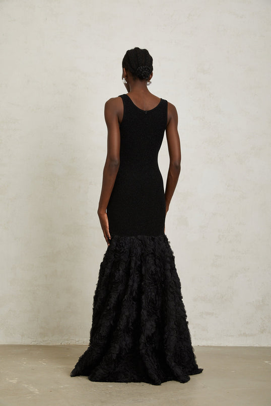 Flaminia Black Maxi Dress 3D Petal Detailing Tulle Paneling Nylon Lurex Spandex Scoop Neck Mermaid Hem Metallic Threading Rear Zip Fastening Elegant Sophisticated Modern Luxury