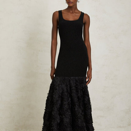 Flaminia Black Maxi Dress 3D Petal Detailing Tulle Paneling Nylon Lurex Spandex Scoop Neck Mermaid Hem Metallic Threading Rear Zip Fastening Elegant Sophisticated Modern Luxury
