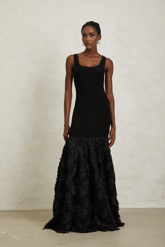 Flaminia Black Maxi Dress 3D Petal Detailing Tulle Paneling Nylon Lurex Spandex Scoop Neck Mermaid Hem Metallic Threading Rear Zip Fastening Elegant Sophisticated Modern Luxury