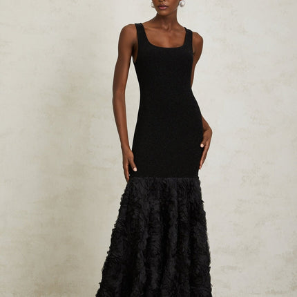 Flaminia Black Maxi Dress with 3D-petal detailing and Tulle panelling