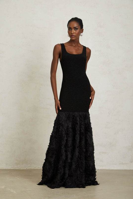 Flaminia Black Maxi Dress with 3D-petal detailing and Tulle panelling