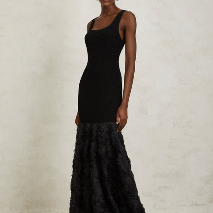 Flaminia Black Maxi Dress 3D Petal Detailing Tulle Paneling Nylon Lurex Spandex Scoop Neck Mermaid Hem Metallic Threading Rear Zip Fastening Elegant Sophisticated Modern Luxury