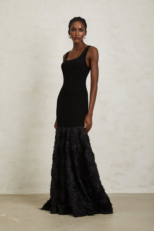 Flaminia Black Maxi Dress 3D Petal Detailing Tulle Paneling Nylon Lurex Spandex Scoop Neck Mermaid Hem Metallic Threading Rear Zip Fastening Elegant Sophisticated Modern Luxury