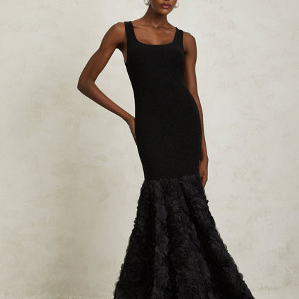 Flaminia Black Maxi Dress 3D-petal Tulle Nylon Lurex Spandex scoop neck mermaid hem metallic threading rear zip fastening