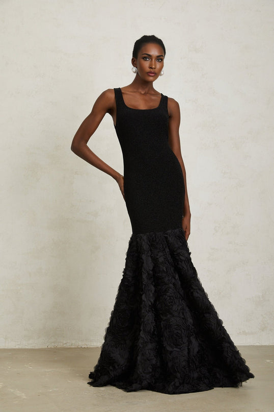 Flaminia Black Maxi Dress 3D-petal Tulle Nylon Lurex Spandex scoop neck mermaid hem metallic threading rear zip fastening
