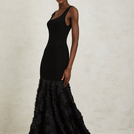 Flaminia Black Maxi Dress 3D Petal Detailing Tulle Panelling Nylon Lurex Spandex Scoop Neck Mermaid Hem Metallic Threading Rear Zip Fastening Elegant Sophisticated Modern Luxury