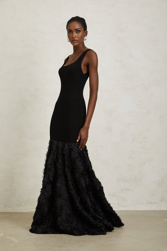 Flaminia Black Maxi Dress 3D Petal Detailing Tulle Panelling Nylon Lurex Spandex Scoop Neck Mermaid Hem Metallic Threading Rear Zip Fastening Elegant Sophisticated Modern Luxury