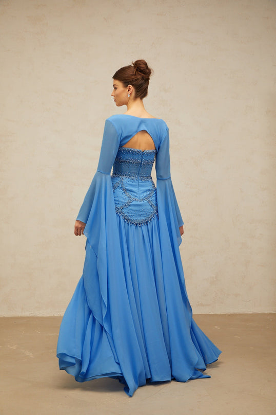 Flaminia Blue Maxi Dress with Faux-Pearl and Rhinestone Embellishments