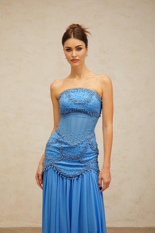 Flaminia Blue Maxi Dress with Faux-Pearl and Rhinestone Embellishments