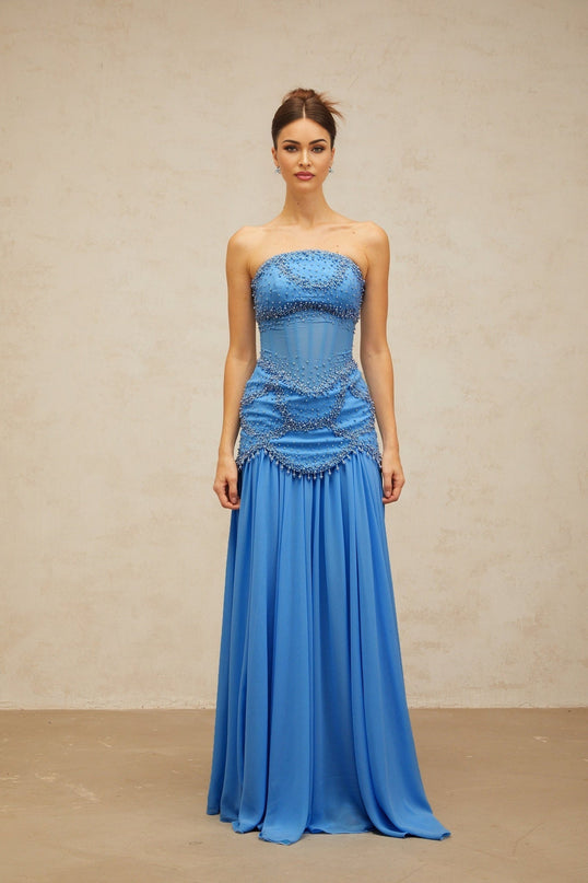 Flaminia Blue Maxi Dress with Faux-Pearl and Rhinestone Embellishments