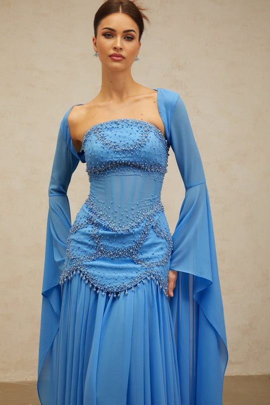 Flaminia Blue Maxi Dress with Faux-Pearl and Rhinestone Embellishments