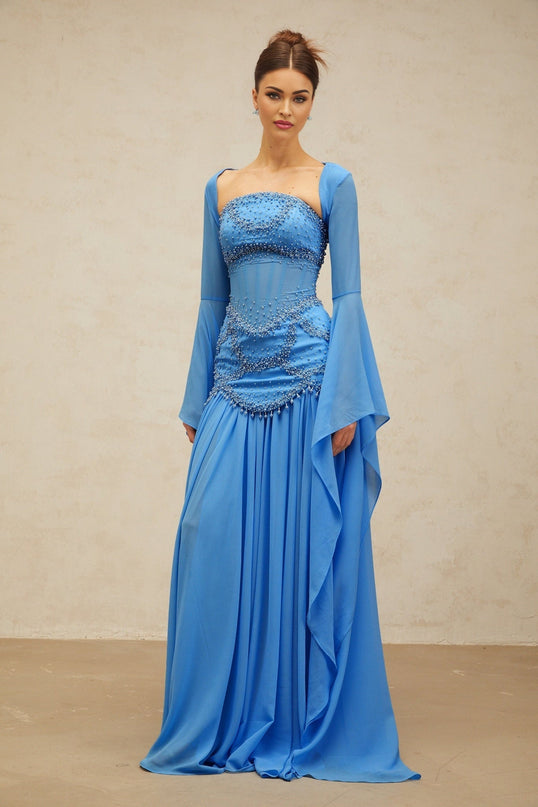 Flaminia Blue Maxi Dress with Faux-Pearl and Rhinestone Embellishments