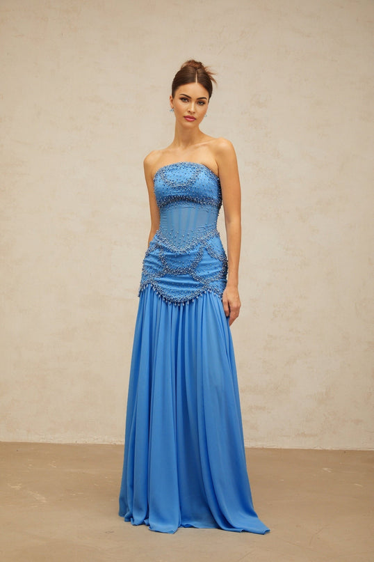 Flaminia Blue Maxi Dress with Faux-Pearl and Rhinestone Embellishments