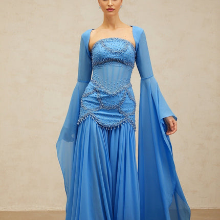 Flaminia Blue Maxi Dress Faux-Pearl Rhinestone Embellishments Pleated Detailing Bell Sleeves Shawl Boned Bodice Sweetheart Neckline Rear Zip Fastening