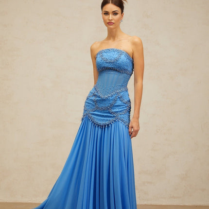 Flaminia Blue Maxi Dress with Faux-Pearl and Rhinestone Embellishments