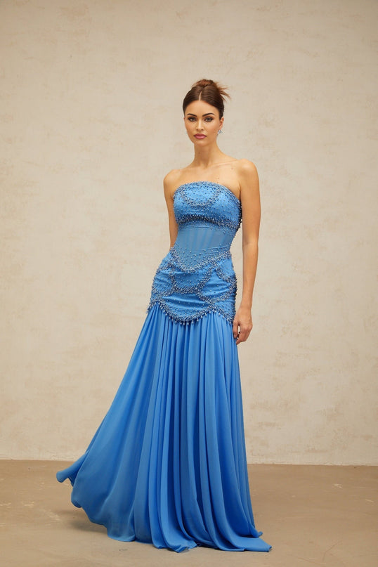 Flaminia Blue Maxi Dress with Faux-Pearl and Rhinestone Embellishments