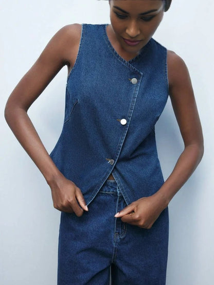 Flaminia Denim Top with Button Detail for Everyday Wear in Blue - Blue