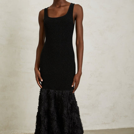 Flaminia Black 3D-Petal Detail Maxi Dress Nylon Lurex Spandex Scoop Neck Mermaid Hem Glamour