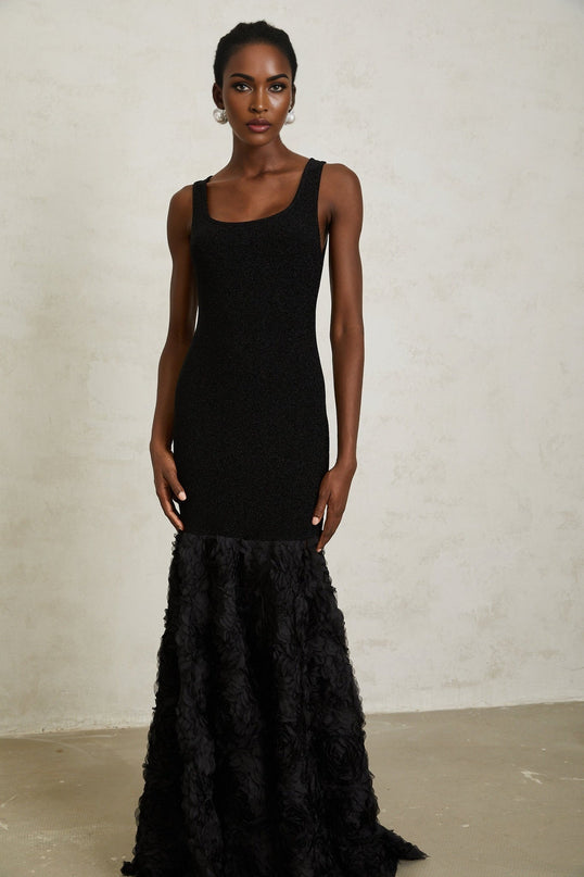 Flaminia Black 3D-Petal Detail Maxi Dress Nylon Lurex Spandex Scoop Neck Mermaid Hem Glamour