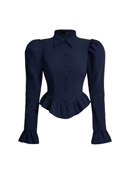 Navy blue tailored blouse with puff sleeves and ruffled hem