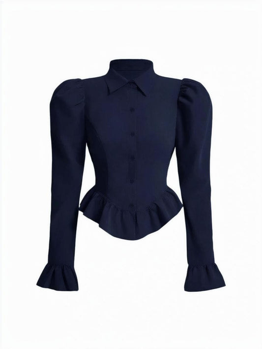 Navy blue tailored blouse with puff sleeves and ruffled hem