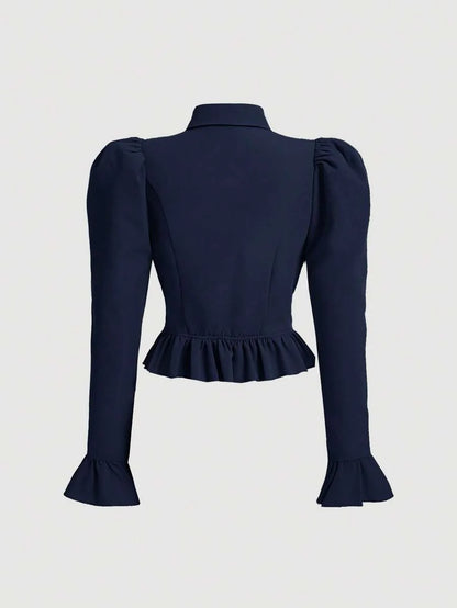 Flare Sleeve Ruffle Hem Navy Waisted Shirt