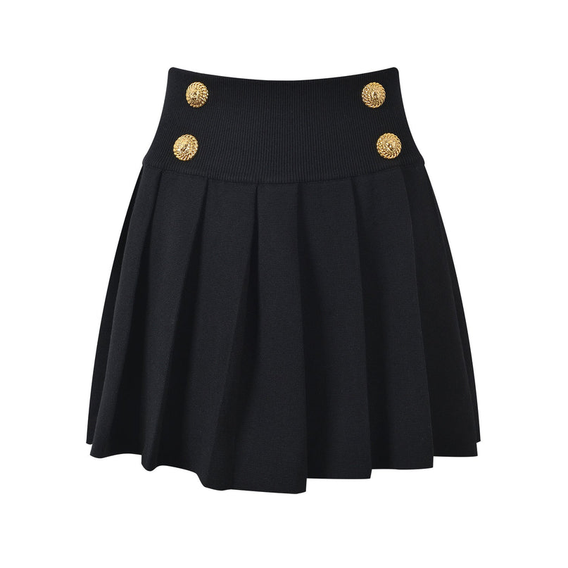 Flared pleated high-waisted black pants with gold buttons
