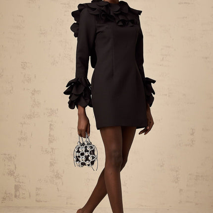 Flavia Black Mini Dress with Mock Neck and Ruffled Detailing