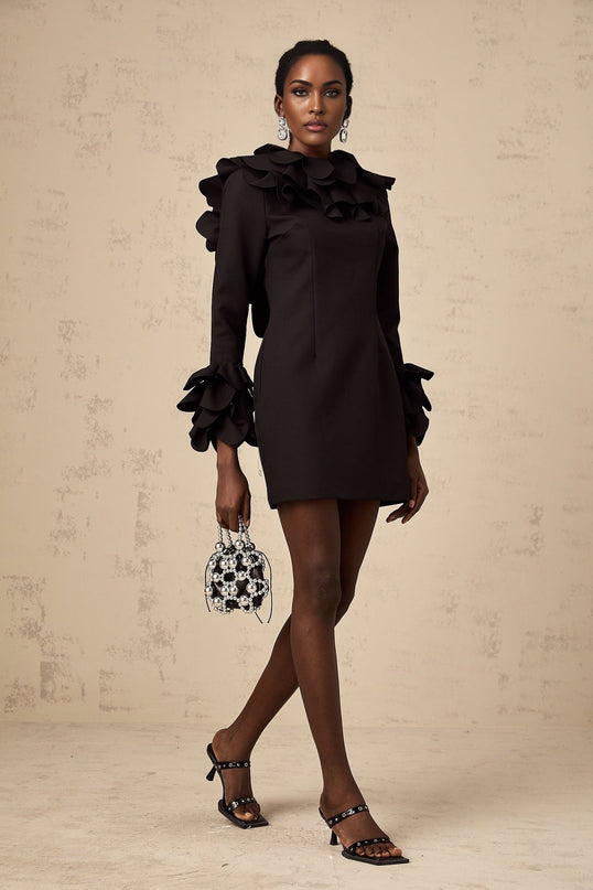 Flavia Black Mini Dress with Mock Neck and Ruffled Detailing