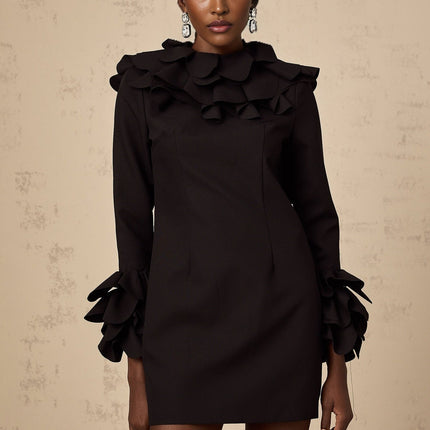 Flavia Black Mini Dress with Mock Neck and Ruffled Detailing