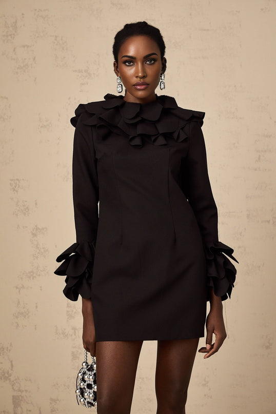 Flavia Black Mini Dress with Mock Neck and Ruffled Detailing