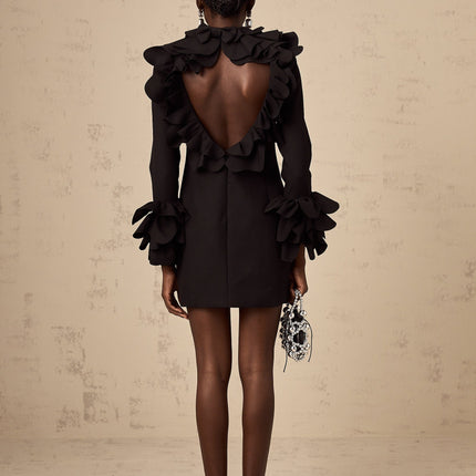 Flavia Black Mini Dress with Mock Neck and Ruffled Detailing