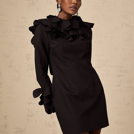 Flavia Black Mini Dress with Mock Neck and Ruffled Detailing