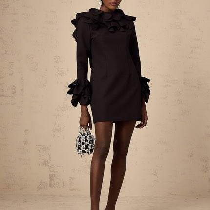 Flavia Black Mini Dress with Mock Neck and Ruffled Detailing