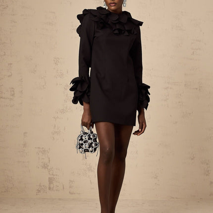 Flavia Black Mini Dress with Mock Neck and Ruffled Detailing