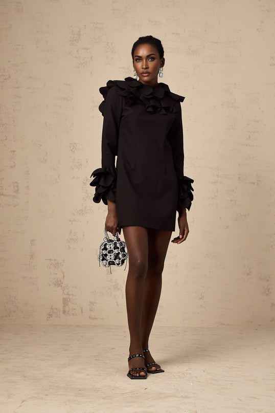 Flavia Black Mini Dress with Mock Neck and Ruffled Detailing