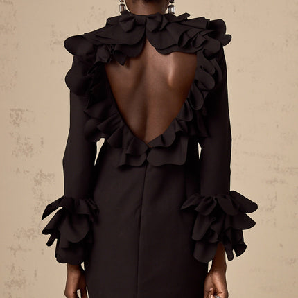 Flavia Black Mini Dress with Mock Neck and Ruffled Detailing