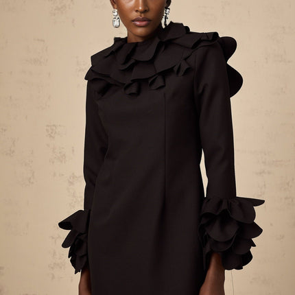 Flavia Black Mini Dress with Mock Neck and Ruffled Detailing