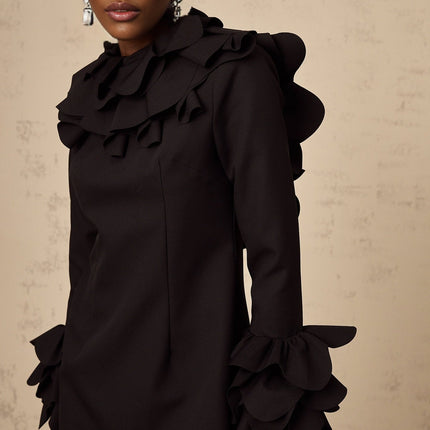 Flavia Black Mini Dress with Mock Neck and Ruffled Detailing