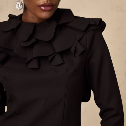 Flavia Black Mini Dress with Mock Neck and Ruffled Detailing