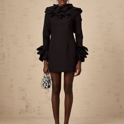 Flavia Black Mini Dress with Mock Neck and Ruffled Detailing