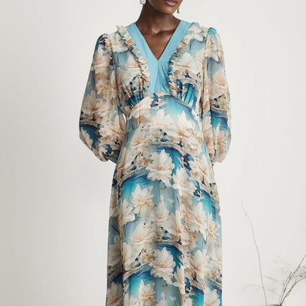 Flavia Blue Floral Print Midi Dress Silk Polyamide V Neck Long Sleeves Elasticated Cuffs Rear Zip Fastening
