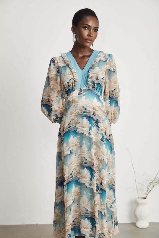 Flavia Blue Floral Print Midi Dress Silk Polyamide V Neck Long Sleeves Elasticated Cuffs Rear Zip Fastening
