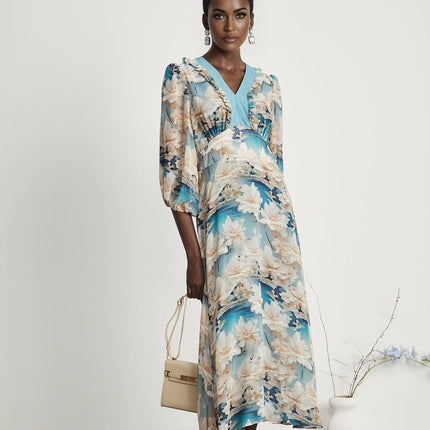 Flavia Blue Floral Print Midi Dress