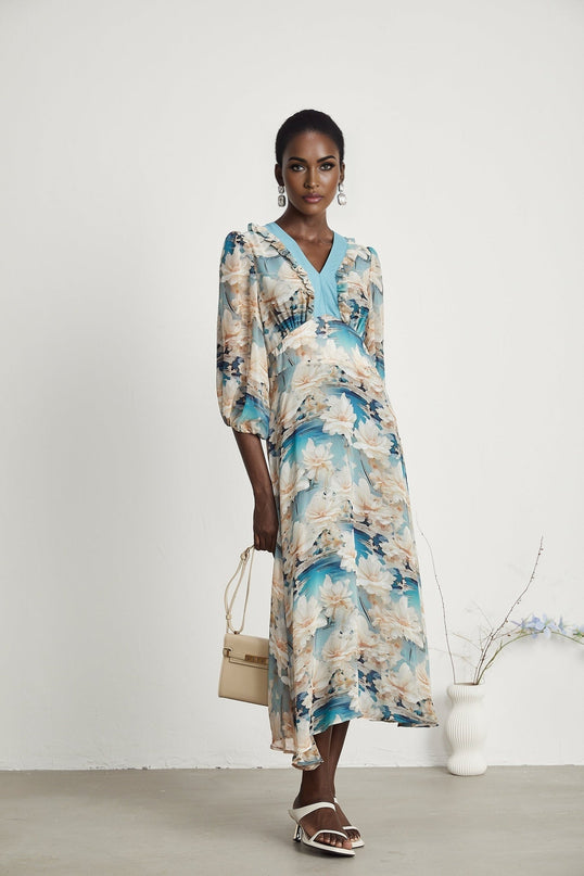Flavia Blue Floral Print Midi Dress