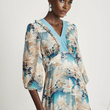 Flavia Blue Floral Print Midi Dress Silk Polyamide V Neck Long Sleeves Elasticated Cuffs Rear Zip Fastening