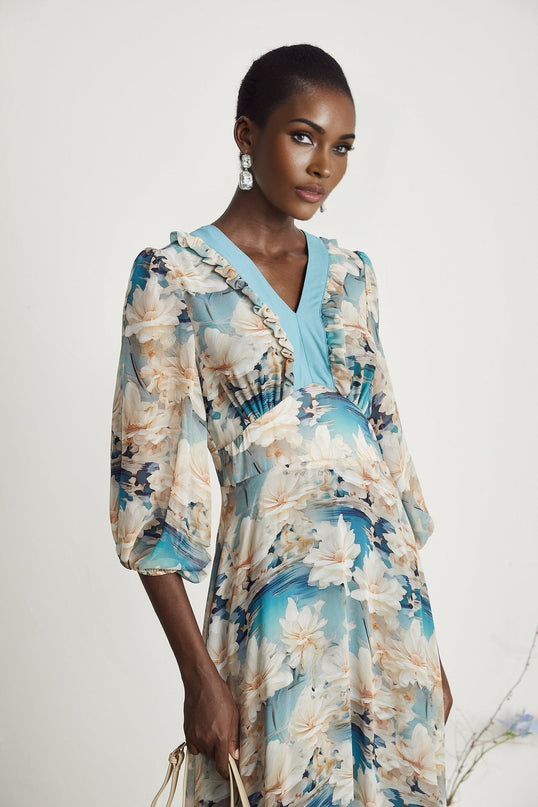 Flavia Blue Floral Print Midi Dress Silk Polyamide V Neck Long Sleeves Elasticated Cuffs Rear Zip Fastening