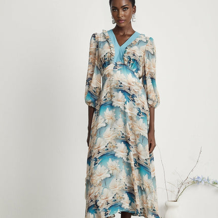 Flavia Blue Floral Print Midi Dress